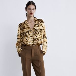 Zara xs satin tiger/animal print long sleeves shirt